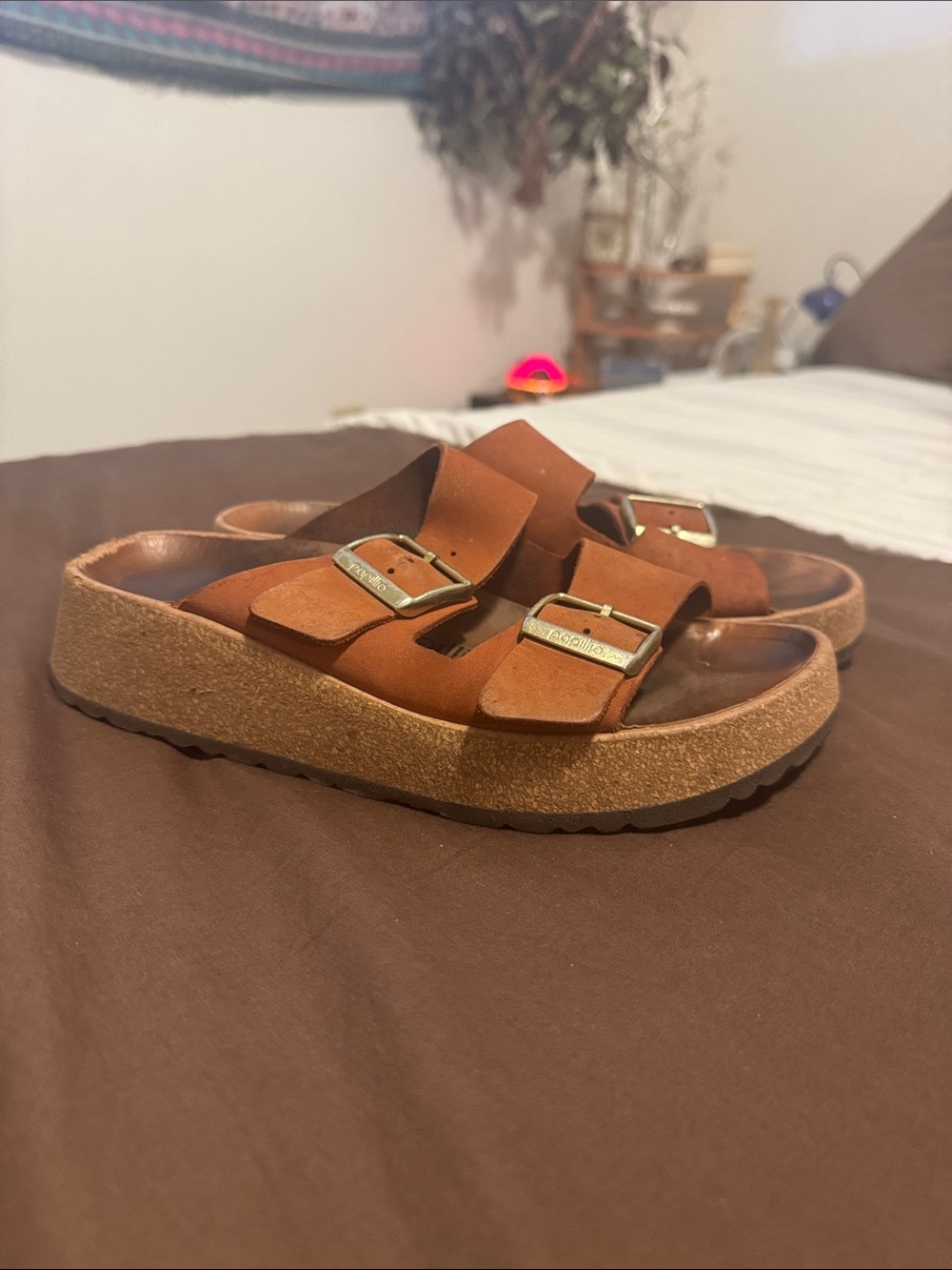 Birkenstock Tan Double-Buckle Cork Platform Sandals